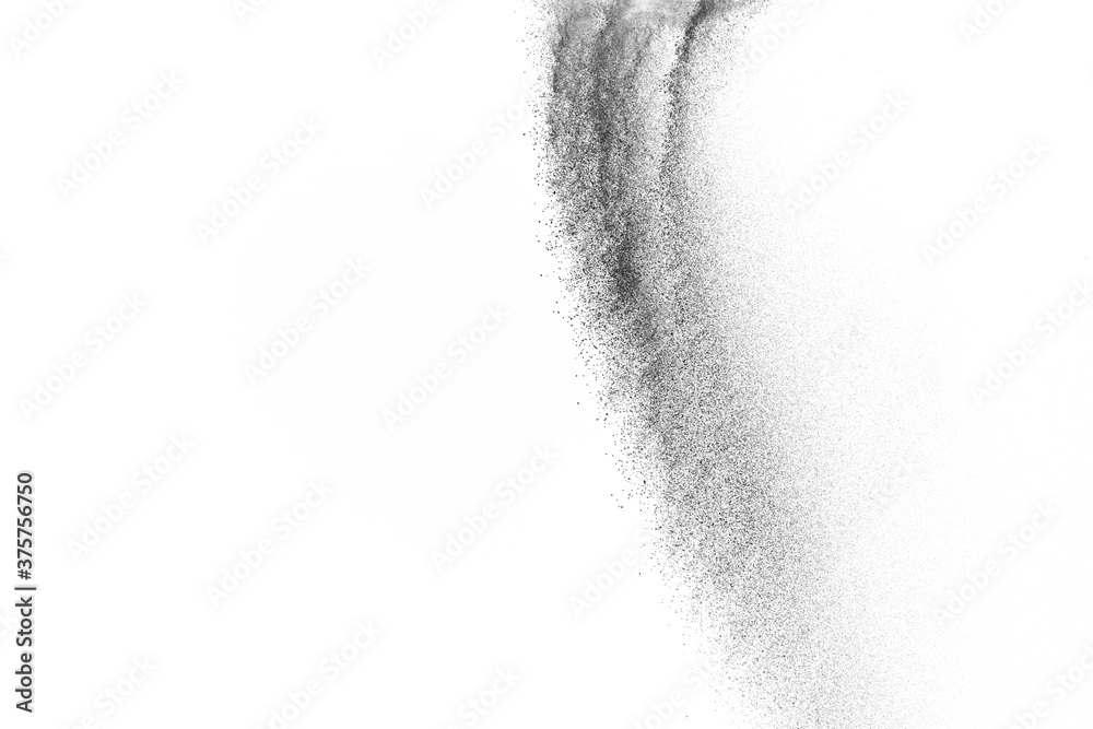 Black particles explosion isolated on white background. Abstract dust overlay texture. Black particles explosion isolated on white background. Abstract dust overlay texture.