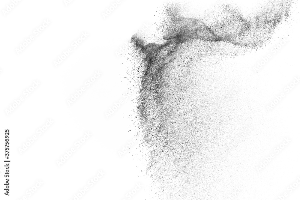 Black particles explosion isolated on white background. Abstract dust overlay texture. Black particles explosion isolated on white background. Abstract dust overlay texture.