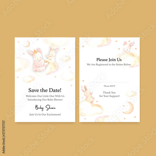 Invitation card template with baby shower design concept watercolor vector illustration.