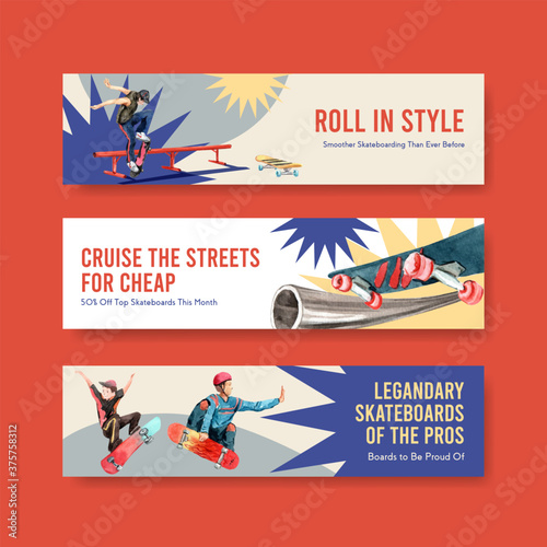 Banner template with skateboard design concept for advertise and brochure watercolor vector illustration.