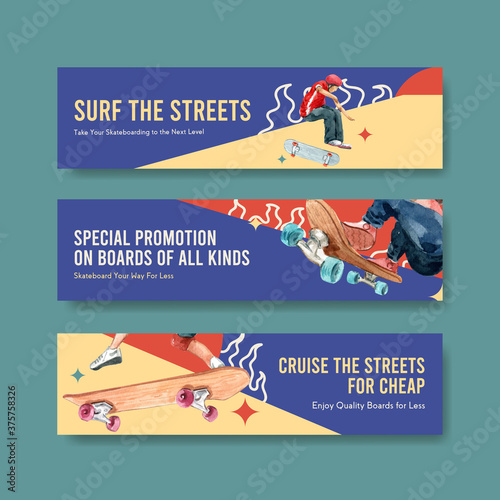 Banner template with skateboard design concept for advertise and brochure watercolor vector illustration.