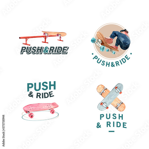 Logo with skateboard design concept for brand and marketing watercolor vector illustration.