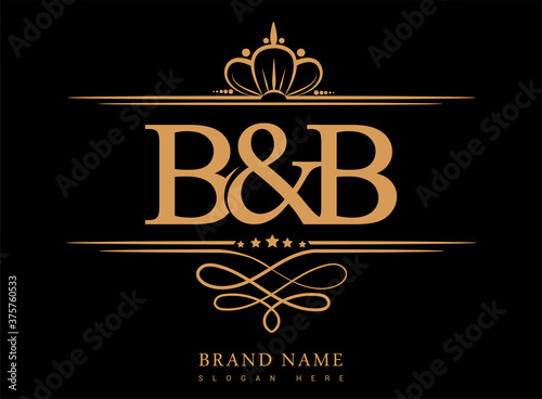 BB Initial logo, Ampersand initial logo gold with crown and classic pattern.