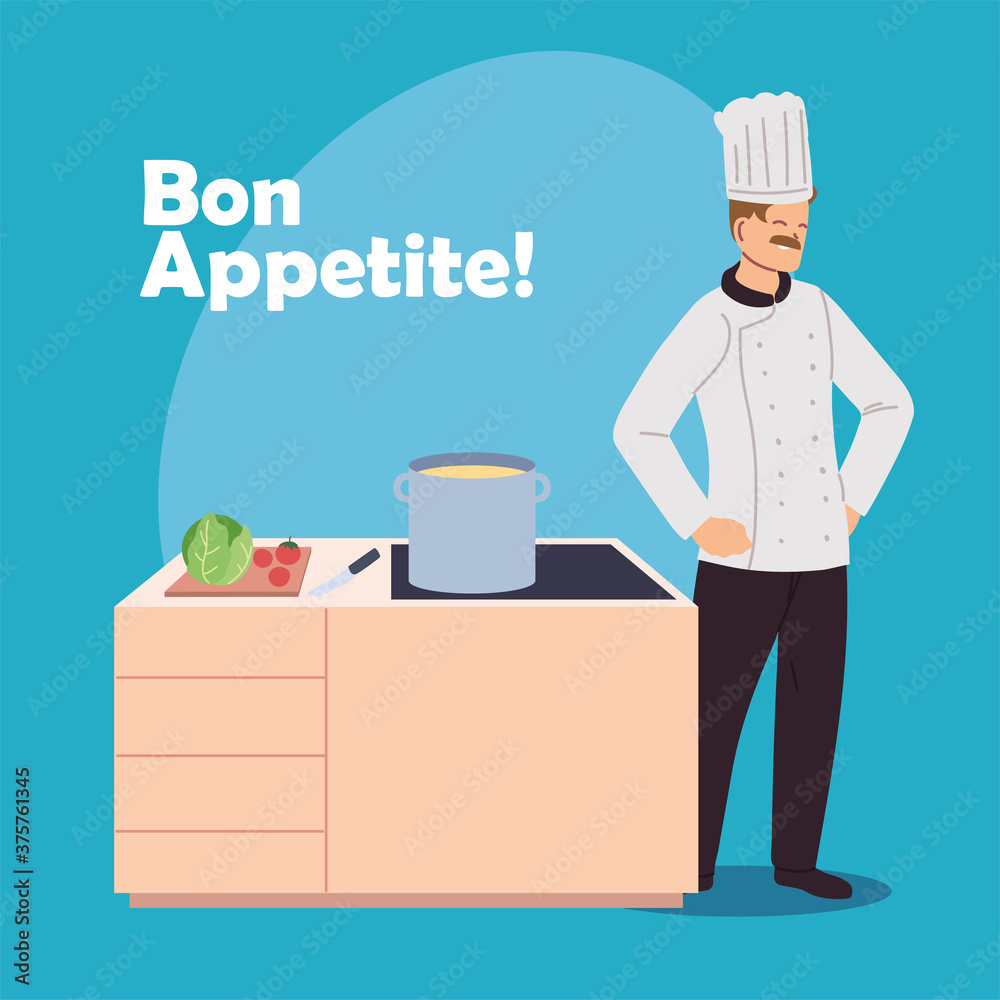 man chef with stove and elements of kitchen man chef with stove and elements of kitchen