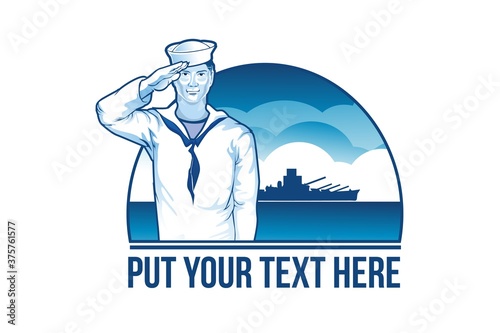 Sailor Doing Salute with War Ship in Background and Place for Text