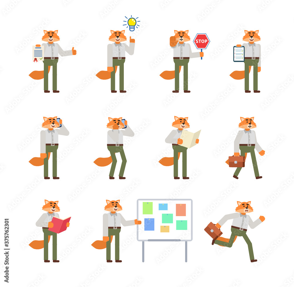 Set of red fox characters showing various actions. Cheerful fox holding stop sign, clipboard, document, talking on phone, running and showing other actions. Flat design vector illustration Set of red fox characters showing various actions. Cheerful fox holding stop sign, clipboard, document, talking on phone, running and showing other actions. Flat design vector illustration