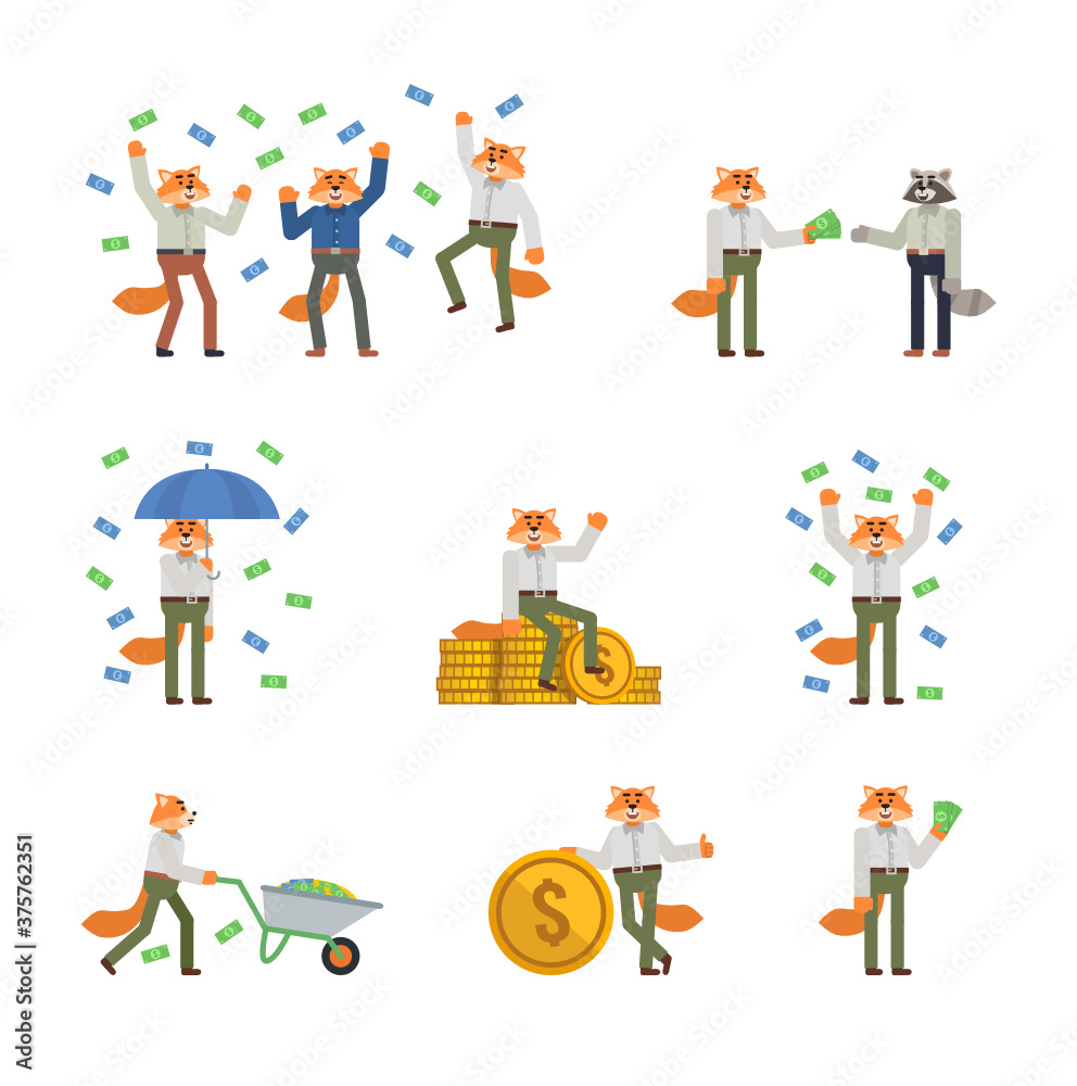 Set of red fox characters posing with money. Cheerful fox standing with umbrella under money rain and showing other actions. Flat design vector illustration Set of red fox characters posing with money. Cheerful fox standing with umbrella under money rain and showing other actions. Flat design vector illustration