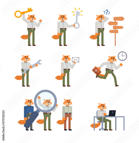 Set of red fox characters showing various actions. Cheerful fox holding big key, mail letter, screwdriver, running, working and showing other actions. Flat design vector illustration