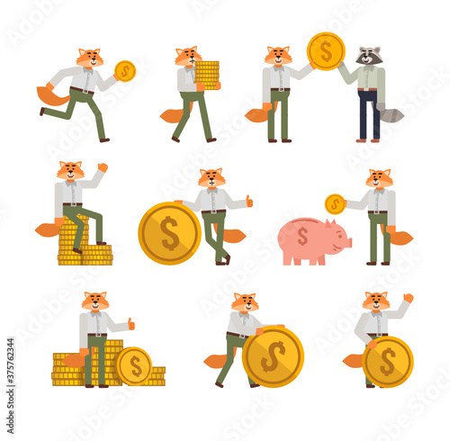 Set of red fox characters posing with big coin. Cheerful fox holding big golden coin, running, saving money and showing other actions. Flat design vector illustration