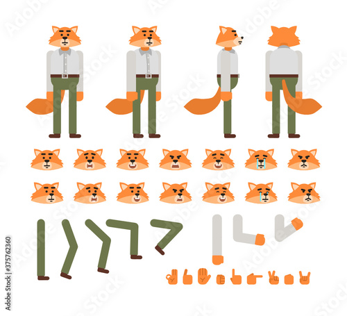 Fox character in white shirt and green pants creation set. Create your own pose, action, animation. Flat design vector illustration