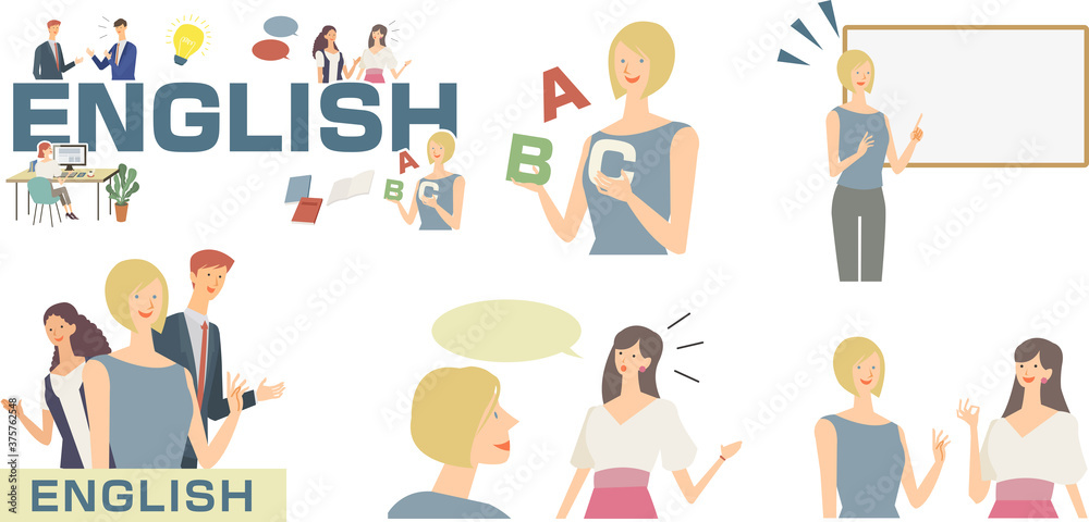 英語関連イラスト　英語を習う生徒　英会話をする女性