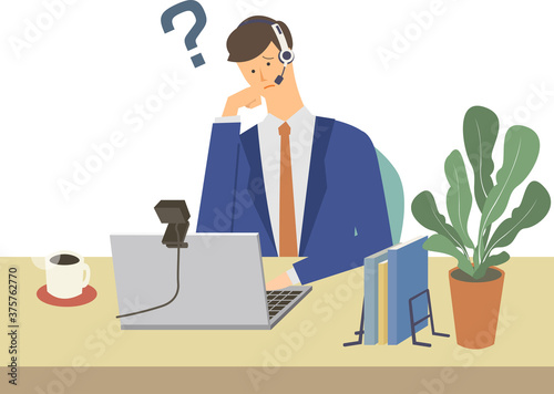 パソコンでオンライン英会話をしている男性のベクターイラスト