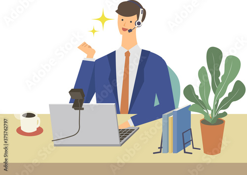 パソコンでオンライン英会話をしている男性のベクターイラスト