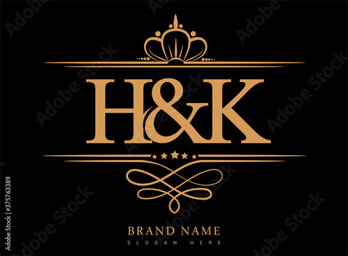 HK Initial logo, Ampersand initial logo gold with crown and classic pattern.