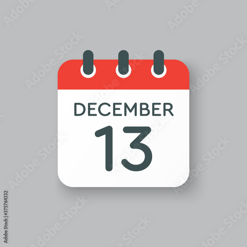 Calendar icon day 13 December, template icon day