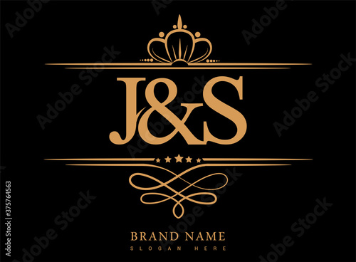 JS Initial logo, Ampersand initial logo gold with crown and classic pattern.