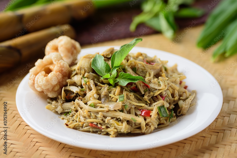 Northern Thai food (Yum Nor Mai), Spicy bamboo shoot salad with crab paste eating with pork rind, basil and ginger leaf, Local Thai food Northern Thai food (Yum Nor Mai), Spicy bamboo shoot salad with crab paste eating with pork rind, basil and ginger leaf, Local Thai food