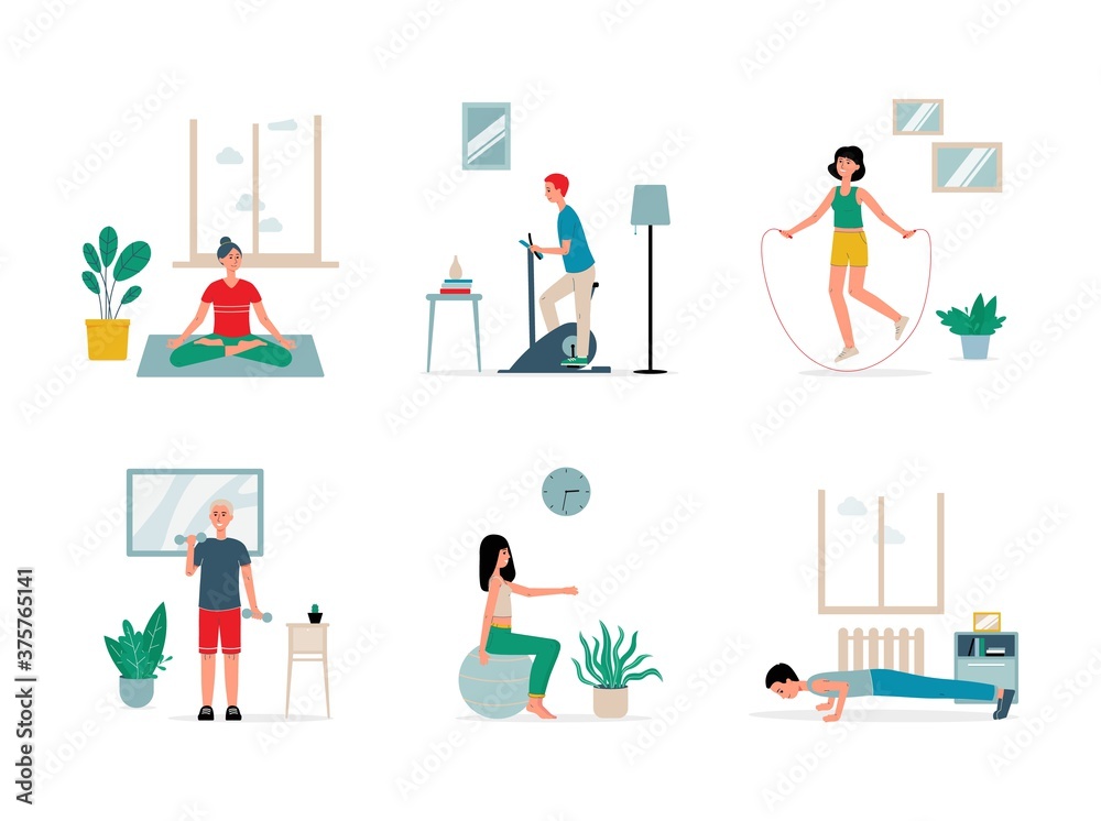 People doing fitness exercises at home gym - isolated set