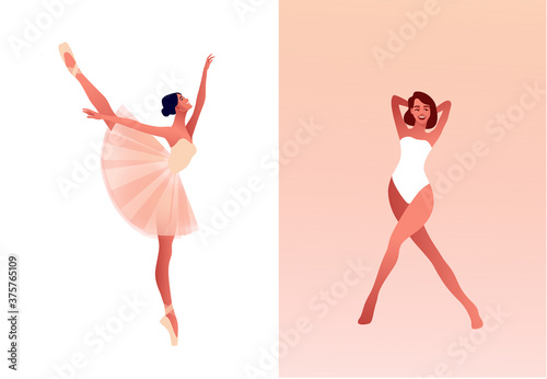 Ballerina and modern dancer flat vector set illustration. Beauty of classic ballet. Young graceful woman ballet dancer wearing tutu. Pointe shoes, pastel colours