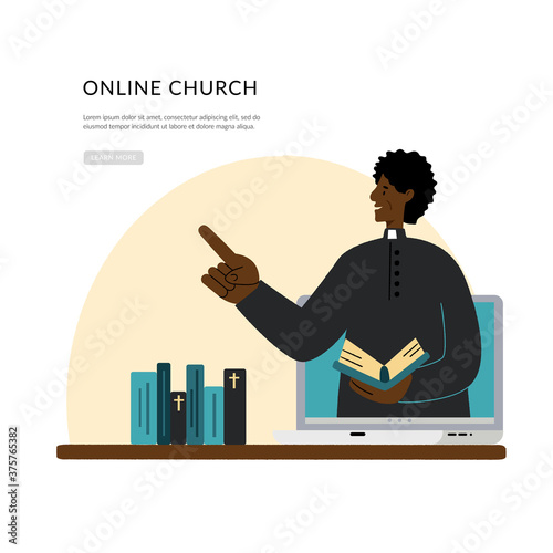 Concept Church and Liturgy online. The pastor conducts church services online. Dark skinned pastor. Internet Church, Landing page template.
