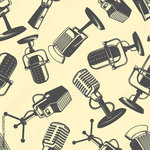 Seamless pattern with retro microphones in monochrome style. Design element for poster, card, banner. Vector illustration