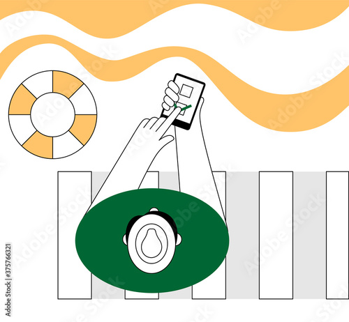 Online voting. A man makes a choice while on vacation. Flat illustration.