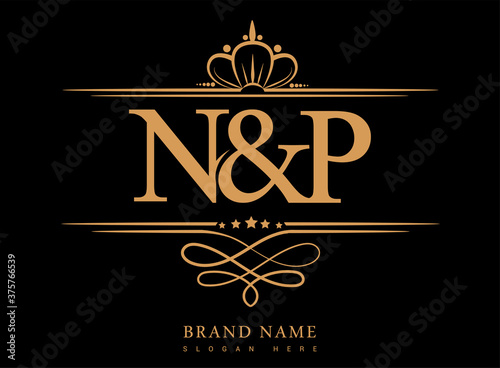 NP Initial logo, Ampersand initial logo gold with crown and classic pattern.