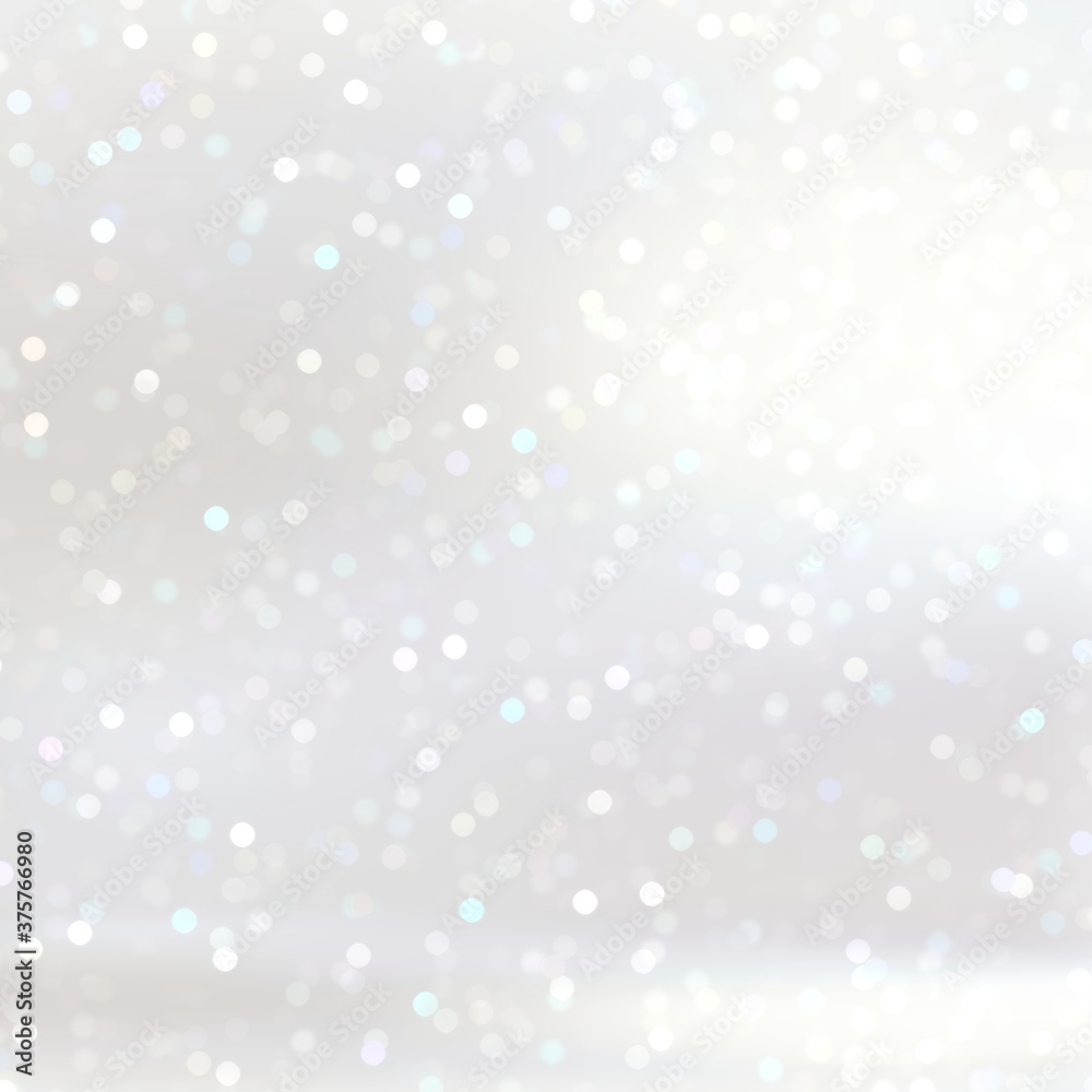 Brilliant bokeh on white polished background 3d. Winter holidays decorative studio illustration. Gloss shiny wall. Smooth floor.