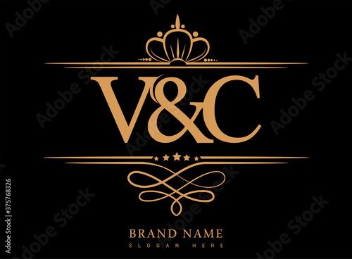 VC Initial logo, Ampersand initial logo gold with crown and classic pattern.