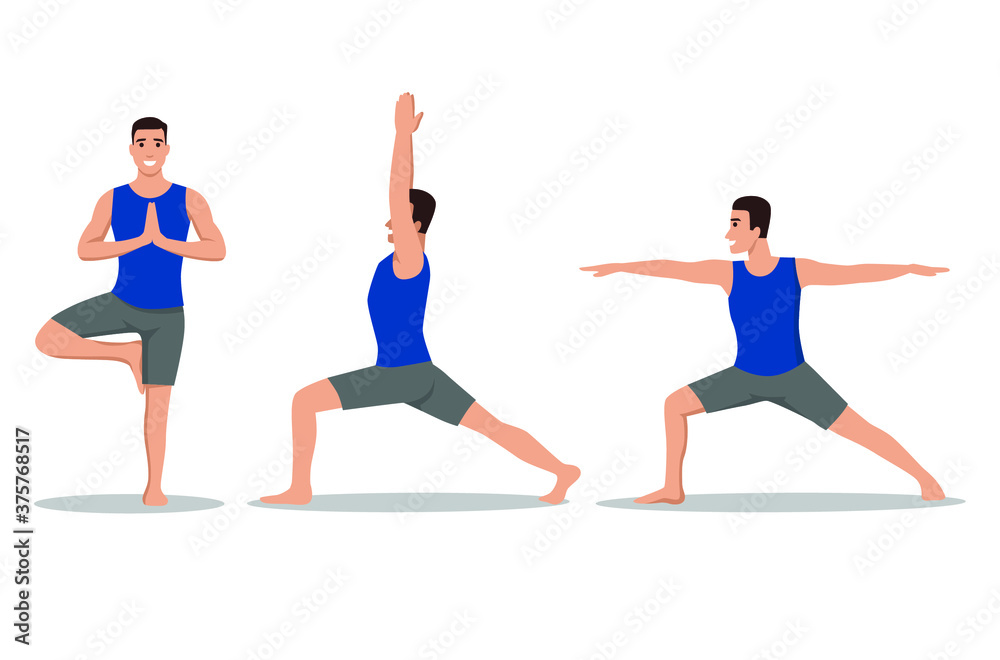 Healthy Man Doing Yoga workout. Asanas set. Tree, Warrior one, two, three, Boat, Downwards Facing Dog , Upwards Facing Dog Poses Healthy Man Doing Yoga workout. Asanas set. Tree, Warrior one, two, three, Boat, Downwards Facing Dog , Upwards Facing Dog Poses