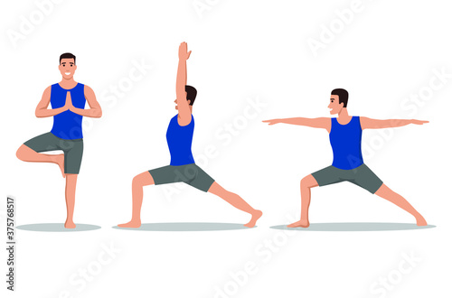 Healthy Man Doing Yoga workout. Asanas set. Tree, Warrior one, two, three, Boat, Downwards Facing Dog , Upwards Facing Dog Poses