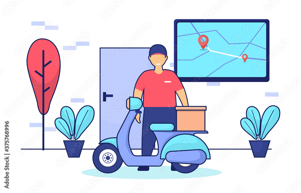 Man Scooter Delivery Service Food Shipping by Mobile Application Illustration Man Scooter Delivery Service Food Shipping by Mobile Application Illustration