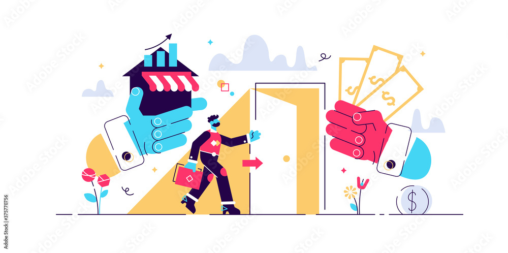 Exit business vector illustration. Flat tiny 