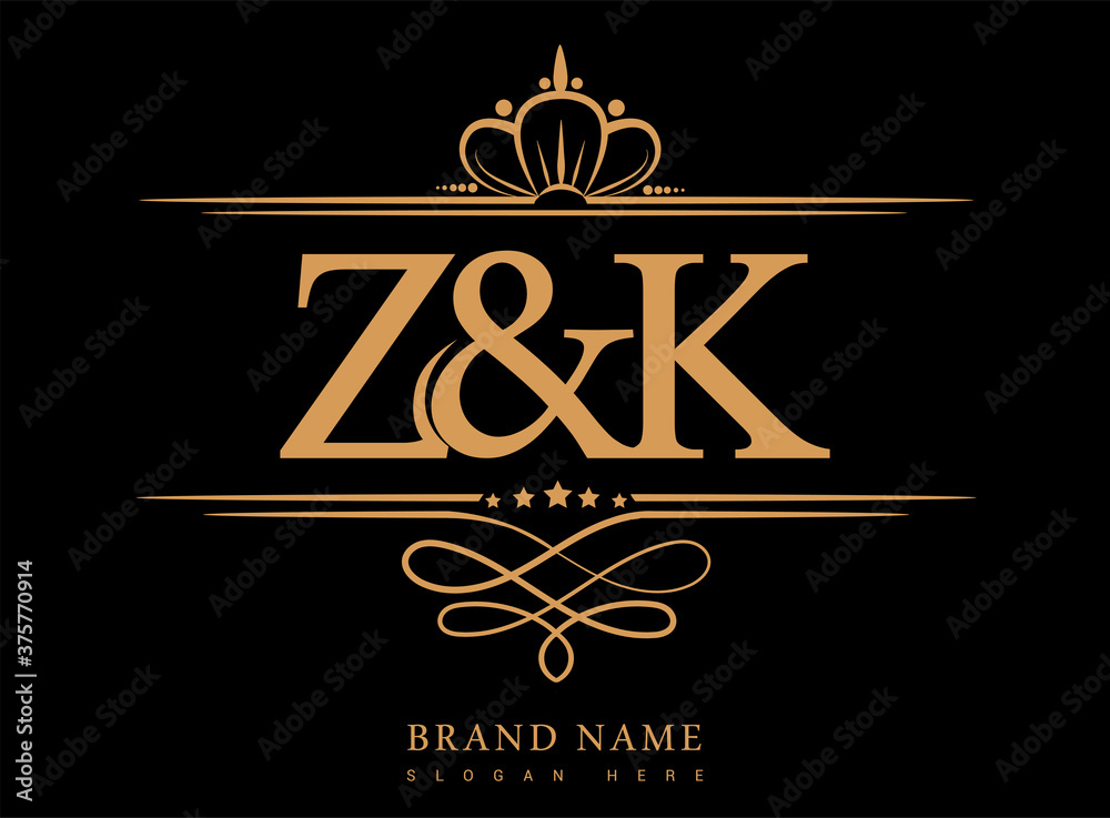 ZK Initial logo, Ampersand initial logo gold with crown and classic ...