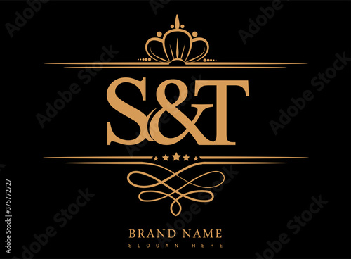 ST Initial logo, Ampersand initial logo gold with crown and classic pattern.