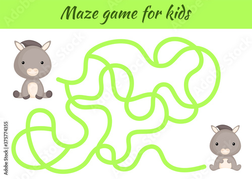 Funny maze or labyrinth game for kids. Help mother find path to baby. Education developing worksheet. Activity page. Cartoon donkey characters. Riddle for preschool. Color vector stock illustration.