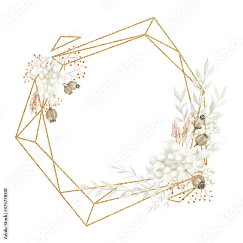 Watercolor fall autumn wreath illustration. Dried floral branches and leaves, winter botanical geometry glitter gold frame for bridal shower, wedding invintation, baby shower, baby nursery decor