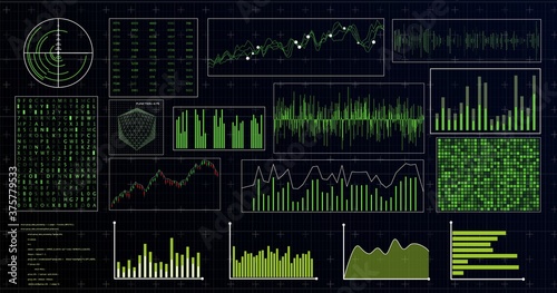 HUD futuristic interface. Hitech display with infographic elements. Dashboard with chart, diagram, line, graphic and data.