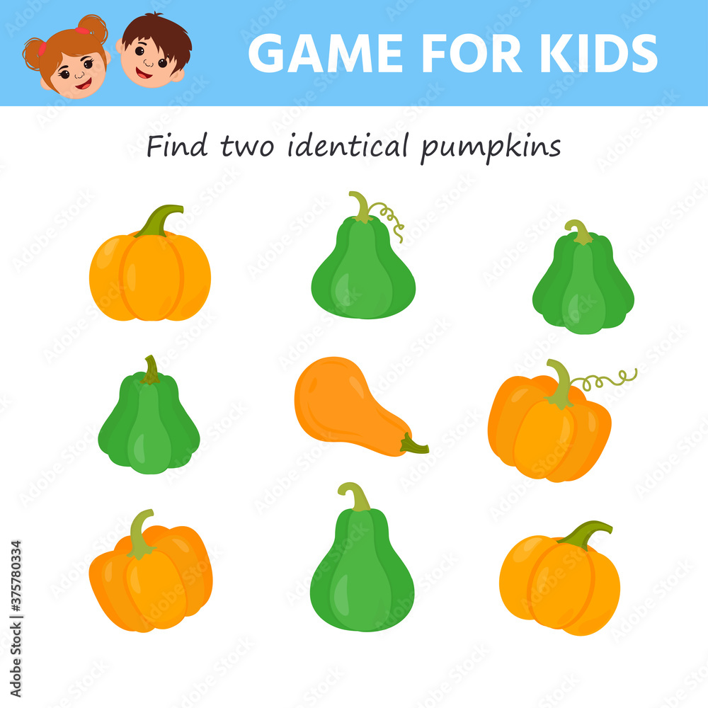 Game for kids. Find the correct shadow. Find two identical pumpkins. Printable worksheet for kindergarten and preschool. Color isolated vector illustration Game for kids. Find the correct shadow. Find two identical pumpkins. Printable worksheet for kindergarten and preschool. Color isolated vector illustration