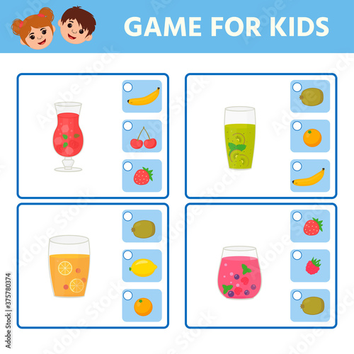 Math educational Game tasks for kids for attention. Worksheet with cartoon fruits and glasses with juice. Working pages for children. Vector illustration