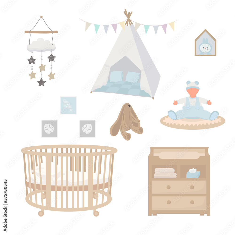 Obraz premium Nursery interior with kids bed, changing table, wigwam, toy hare, decorating for a child's room. Vector Illustration for presentation, print, banner, scrapbooking, card