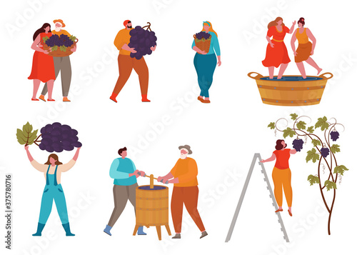 Grape wine product process with small people. Grape harvest. Winemaking concept.  Vector illustration for card, banner, poster, web page template