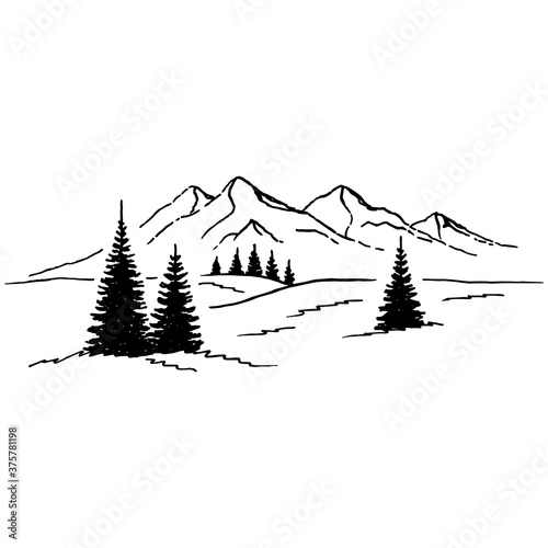 Hand drawn vector illustration of mountain landscape with pine trees.