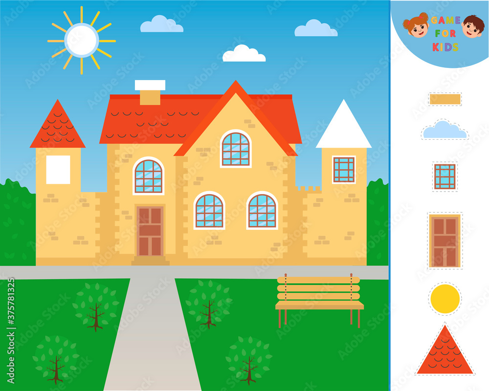Fototapeta premium Game for children. Cut and Glue house details. Educational puzzle game. Kids crafts activity page. Worksheet for printing. Vector illustration