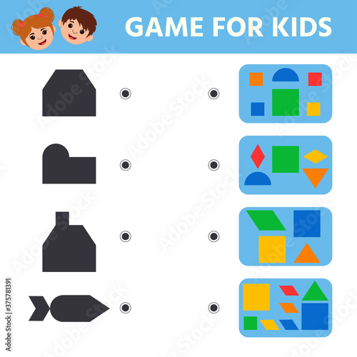 Education logic game for preschool kids. Connect the details and geometric shapes. Preschool worksheet activity. Children funny riddle entertainment. Vector illustration