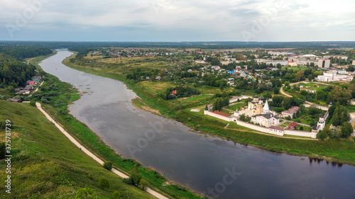 Picturesque view of small ancient town Staritsa with Staritskiy Holy Dormition Monastery on the Volga River in Russia. © Ekaterina Loginova