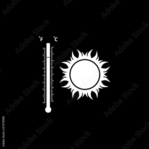 Thermometer icon with sun sign isolated on dark background