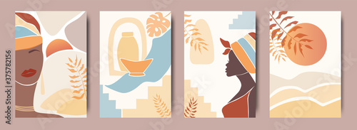 Vector Set of abstract posters with African woman in turban in minimalistic style. Ceramic vase and jugs, plants, abstract shapes and landscape.  Collection of contemporary art.