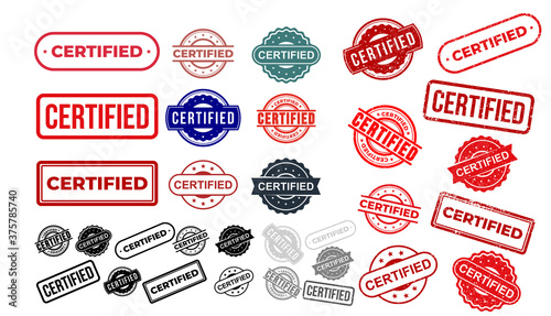 Set of certified rubber stamp. Grunge red, black badge with certified text in frame or round. Rectangular border. Certification icon or seal with scratches. Vector isolated on white background.