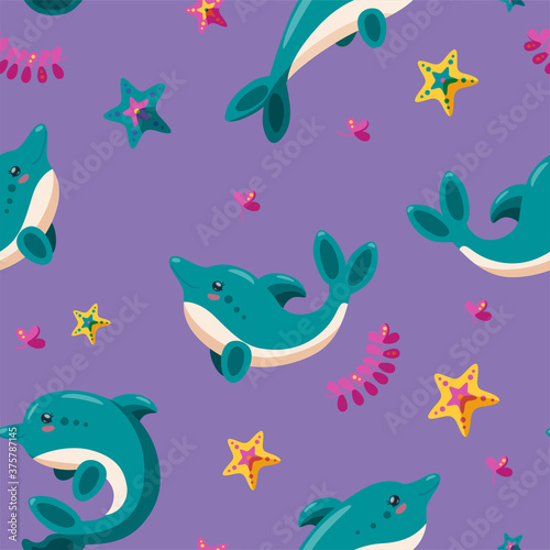 Seamless pattern with dolphins, starfish and seaweed. Pattern for backgrounds, wallpapers and textile. Cartoon vector illustration in purple backround.